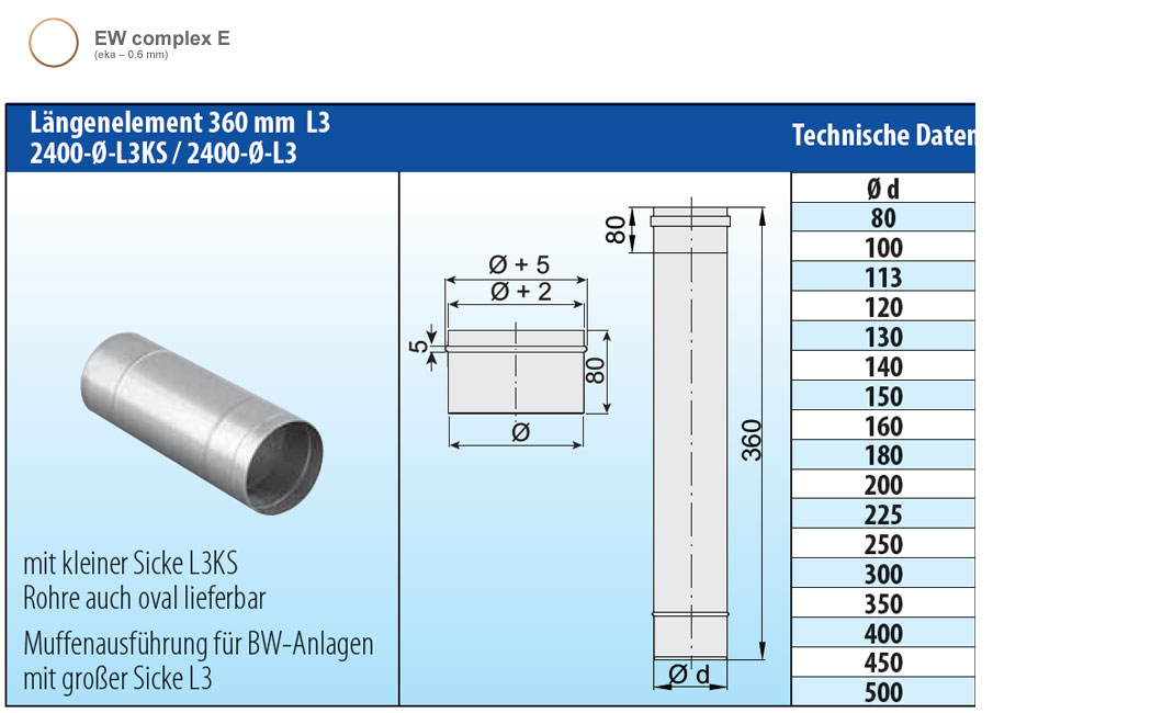 Schornsteinrohr Edelstahl 360 mm einwandig - eka complex E