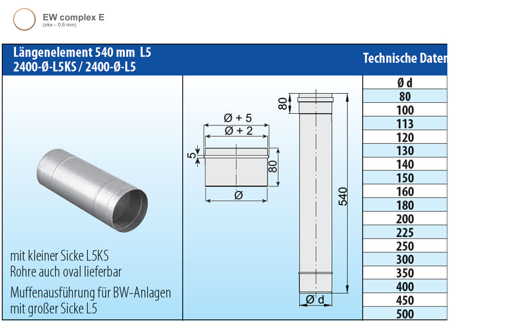 Schornsteinrohr Edelstahl 540 mm einwandig - eka complex E